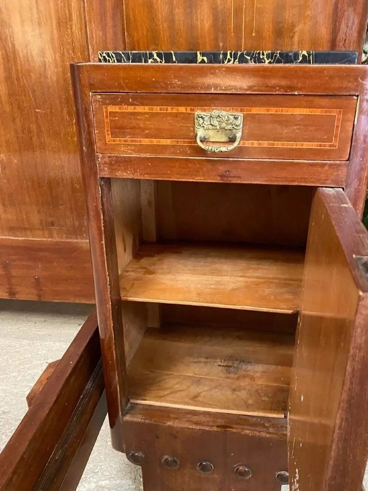 Antique Art Deco Bed With Side Cabinets & Bronze Putti