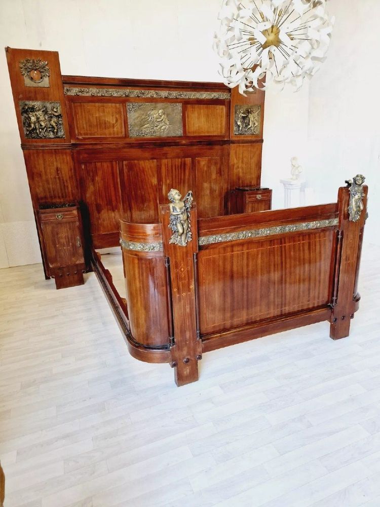 Antique Art Deco Bed With Side Cabinets & Bronze Putti