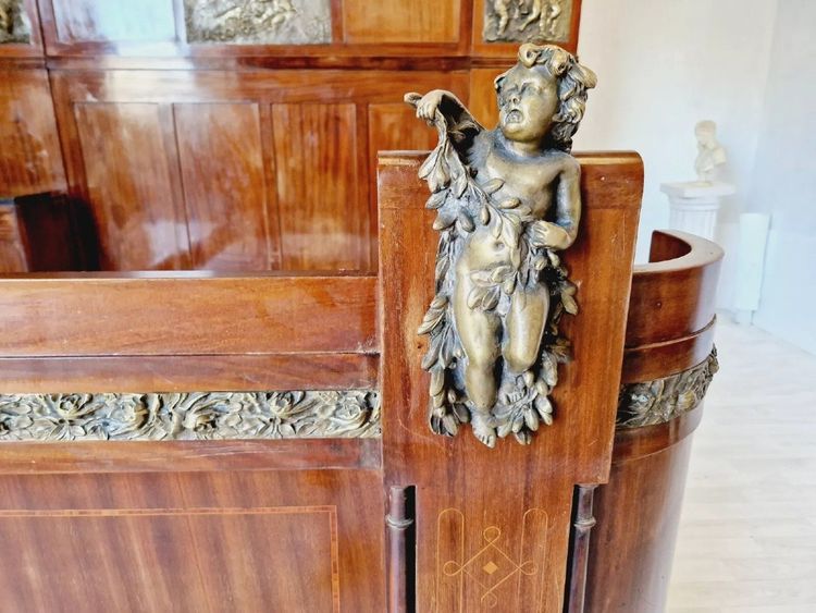 Antique Art Deco Bed With Side Cabinets & Bronze Putti