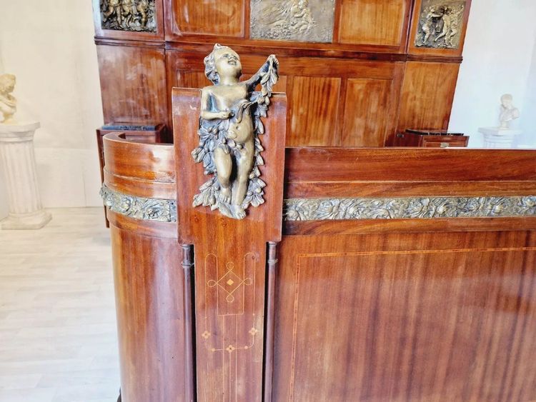 Antique Art Deco Bed With Side Cabinets & Bronze Putti