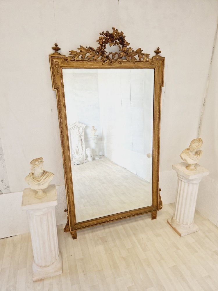 Large Antique Louis XVI Style Gilded Wood Mirror, France