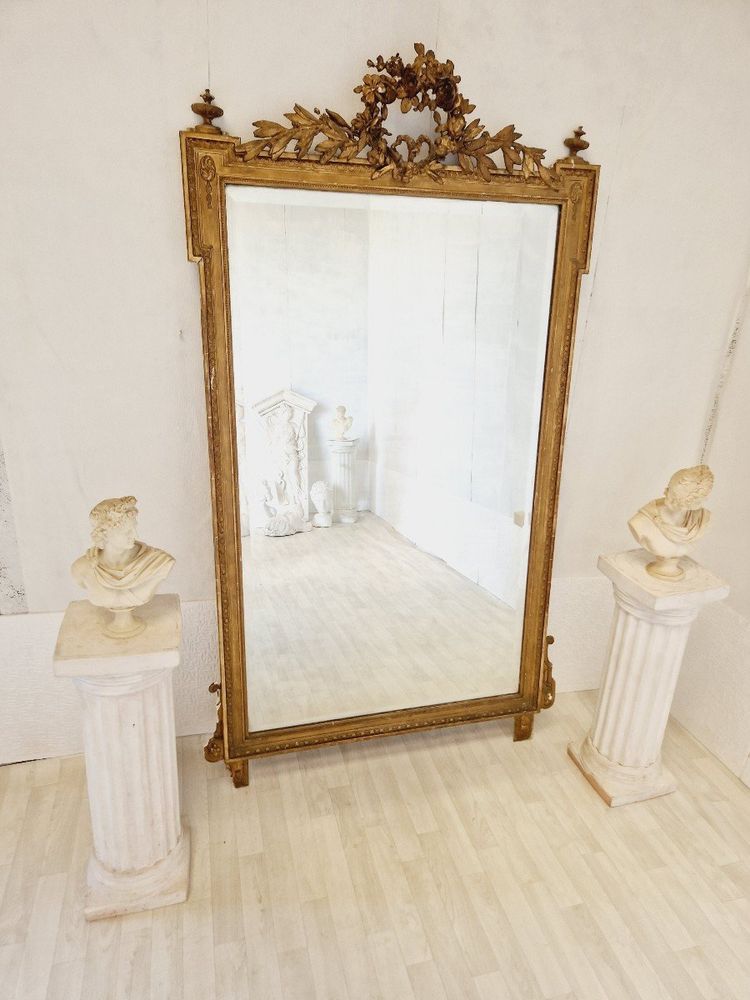 Large Antique Louis XVI Style Gilded Wood Mirror, France