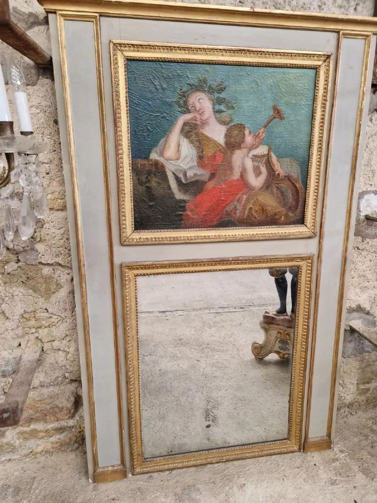 Miroir Ancien Français Peinture à l'Huile 19ème Siècle Trumeau Style Louis XVI