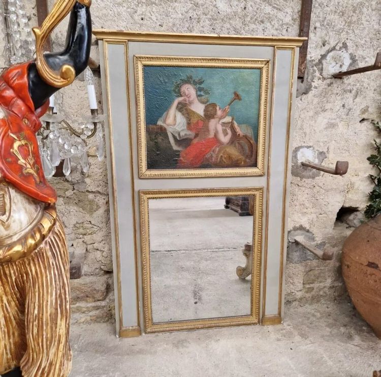 Miroir Ancien Français Peinture à l'Huile 19ème Siècle Trumeau Style Louis XVI