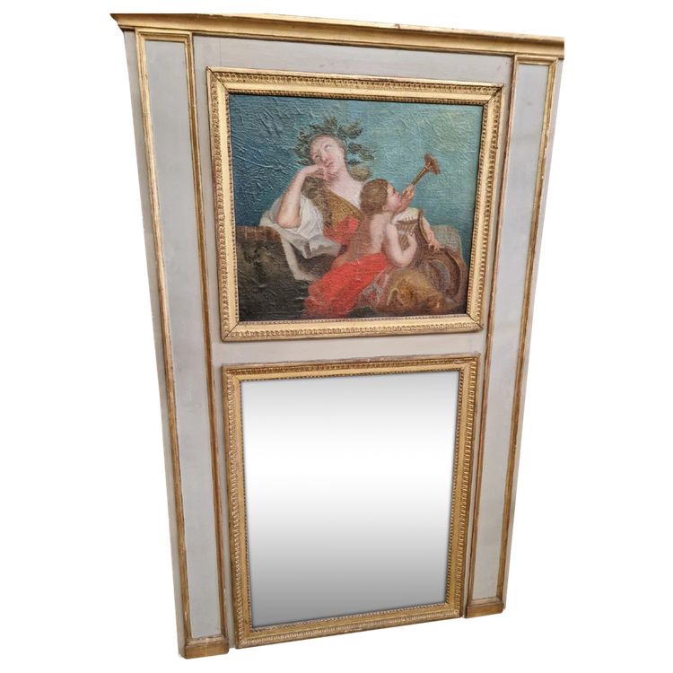 Miroir Ancien Français Peinture à l'Huile 19ème Siècle Trumeau Style Louis XVI