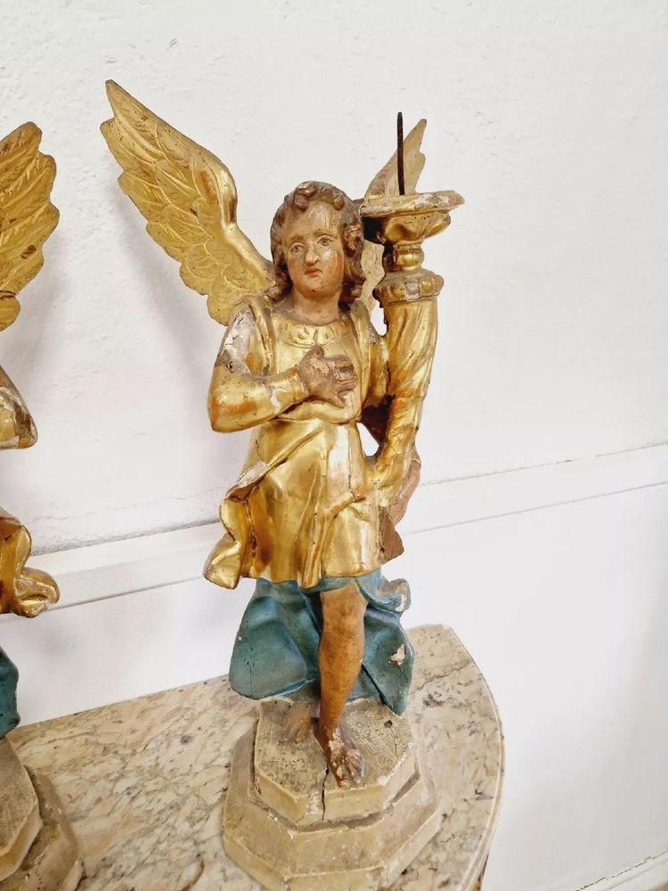 Paire De Porte-torches Anges Antiques Du 18ème Siècle