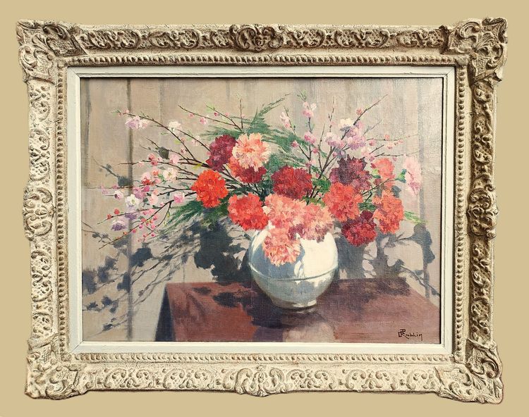 Tableau Huile Sur Toile Nature Morte Fleurs  Oeillets Par Jules Roblin 20ème