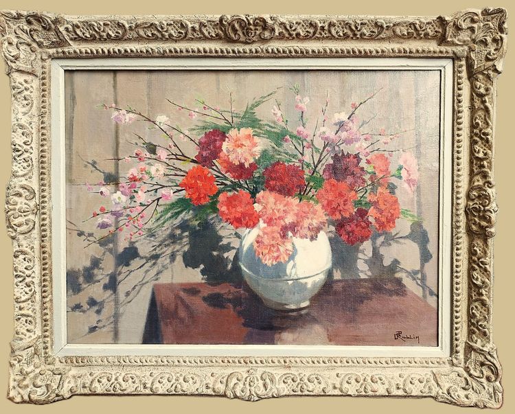 Tableau Huile Sur Toile Nature Morte Fleurs  Oeillets Par Jules Roblin 20ème