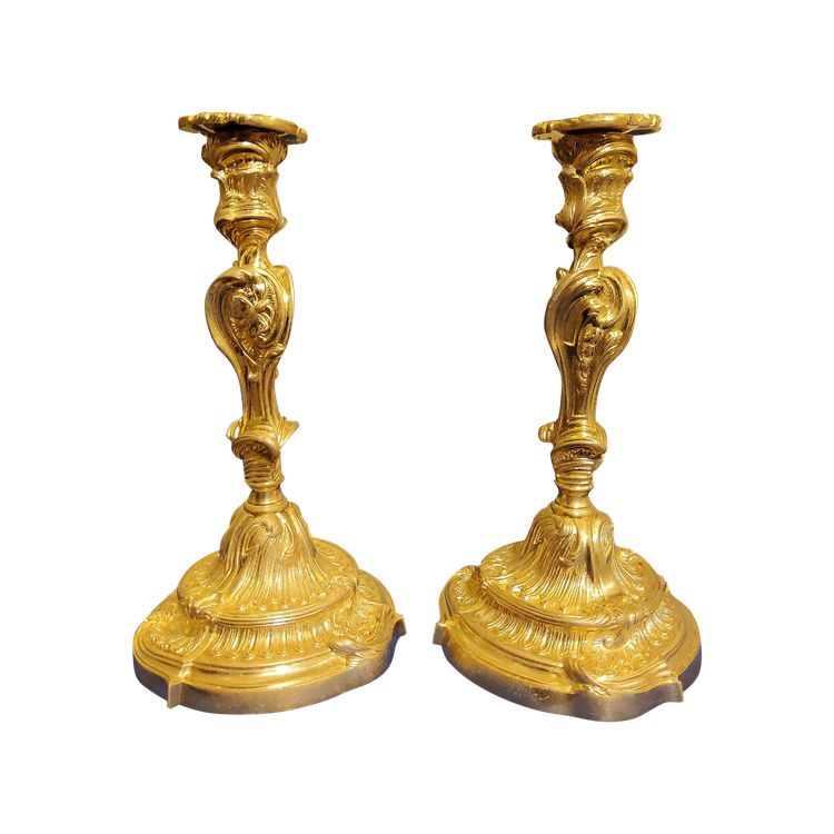 Pair of Flambeaux in gilded chiselled bronzes Rocaille d'aprés Meissonnier 19th century