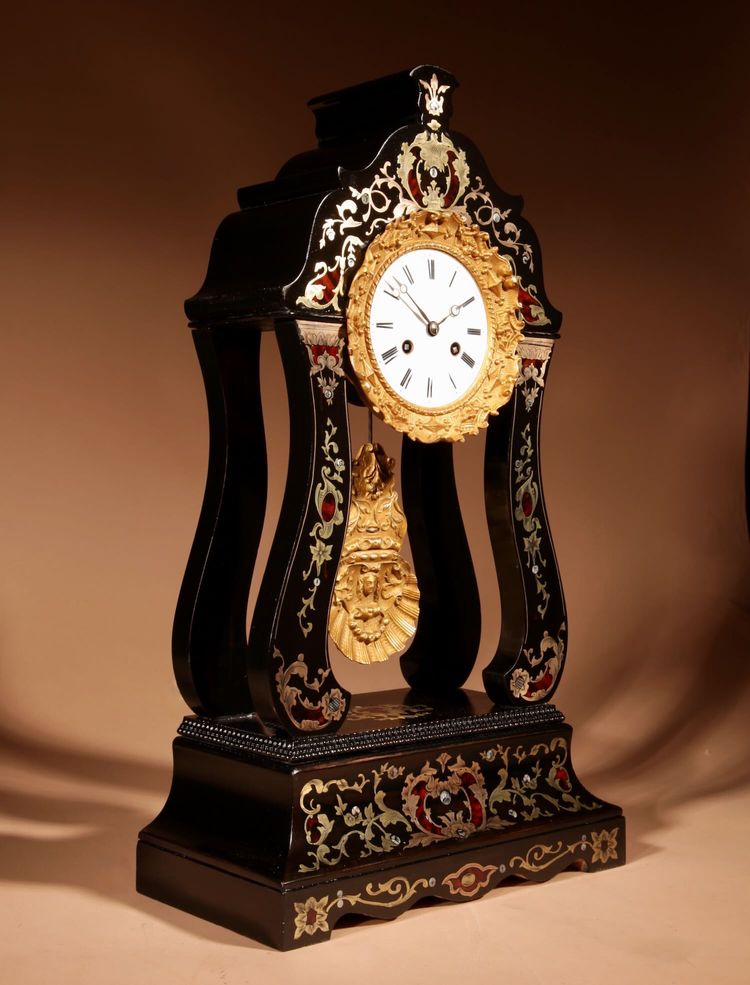 French portico-style "Boulle" mantel clock, circa 1870.