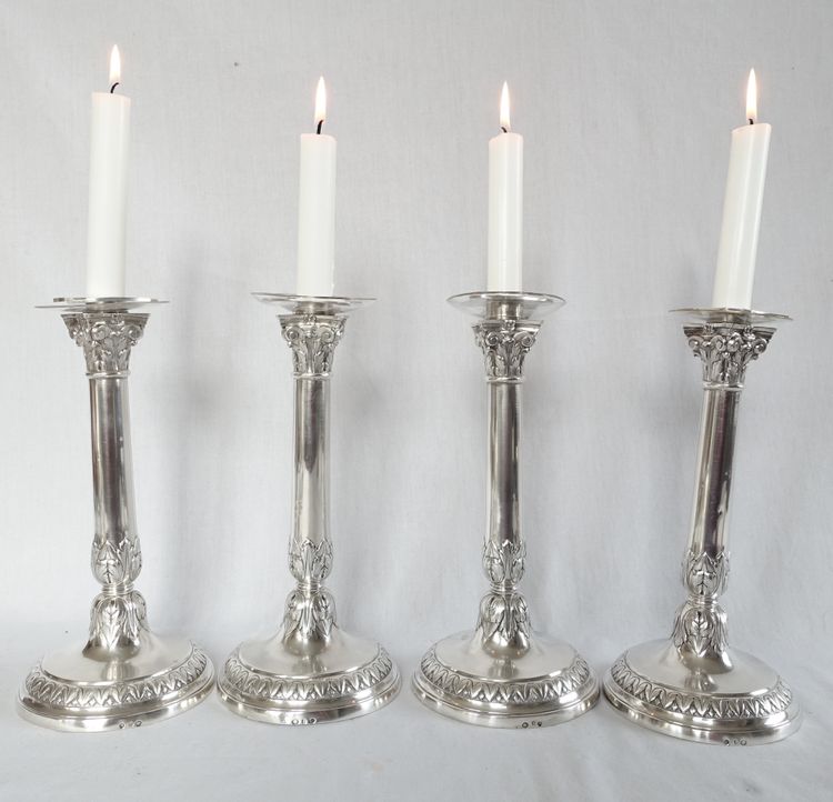 Suite of 4 Empire period solid silver candlestick torches - Coq hallmark