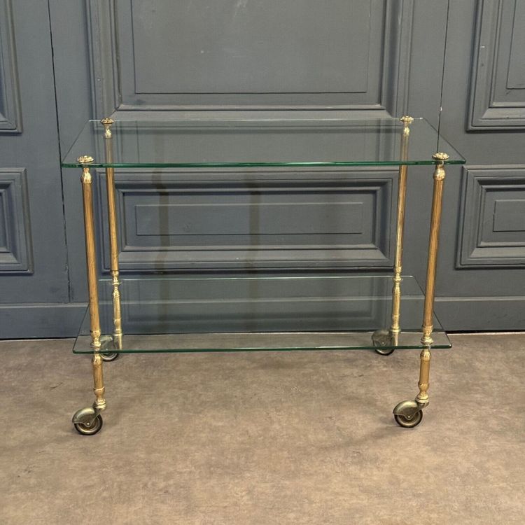 1960er Rollbar mit zwei Tabletts aus Glas und vergoldetem Messing