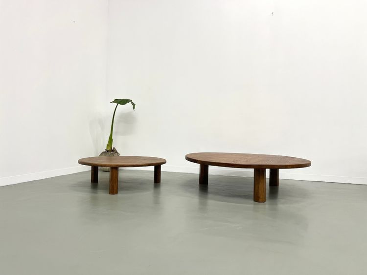 Pair of large modernist tripod coffee tables