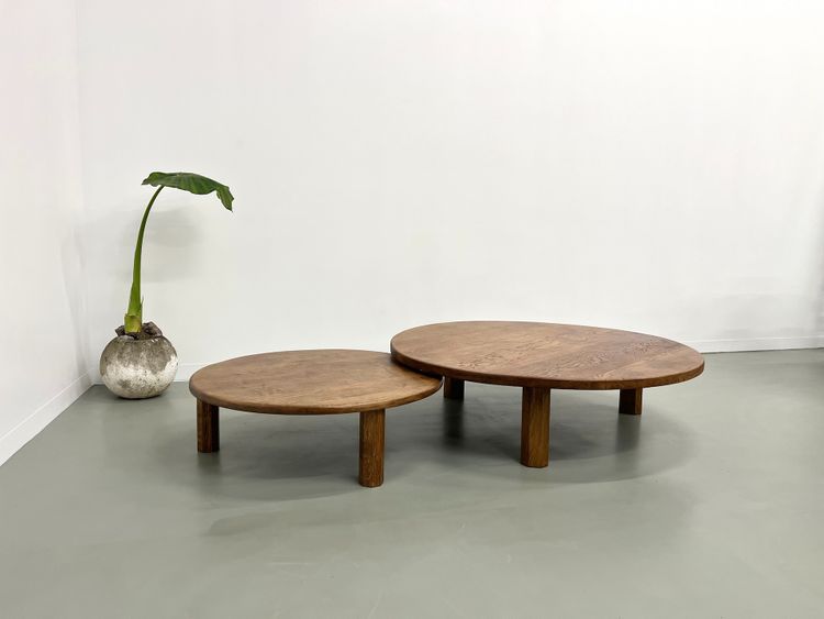 Pair of large modernist tripod coffee tables