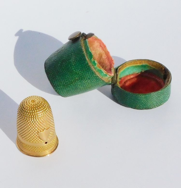 Shagreen Thimble Holder Box with Solid Gold Thimble Late 18th Early 19th Century