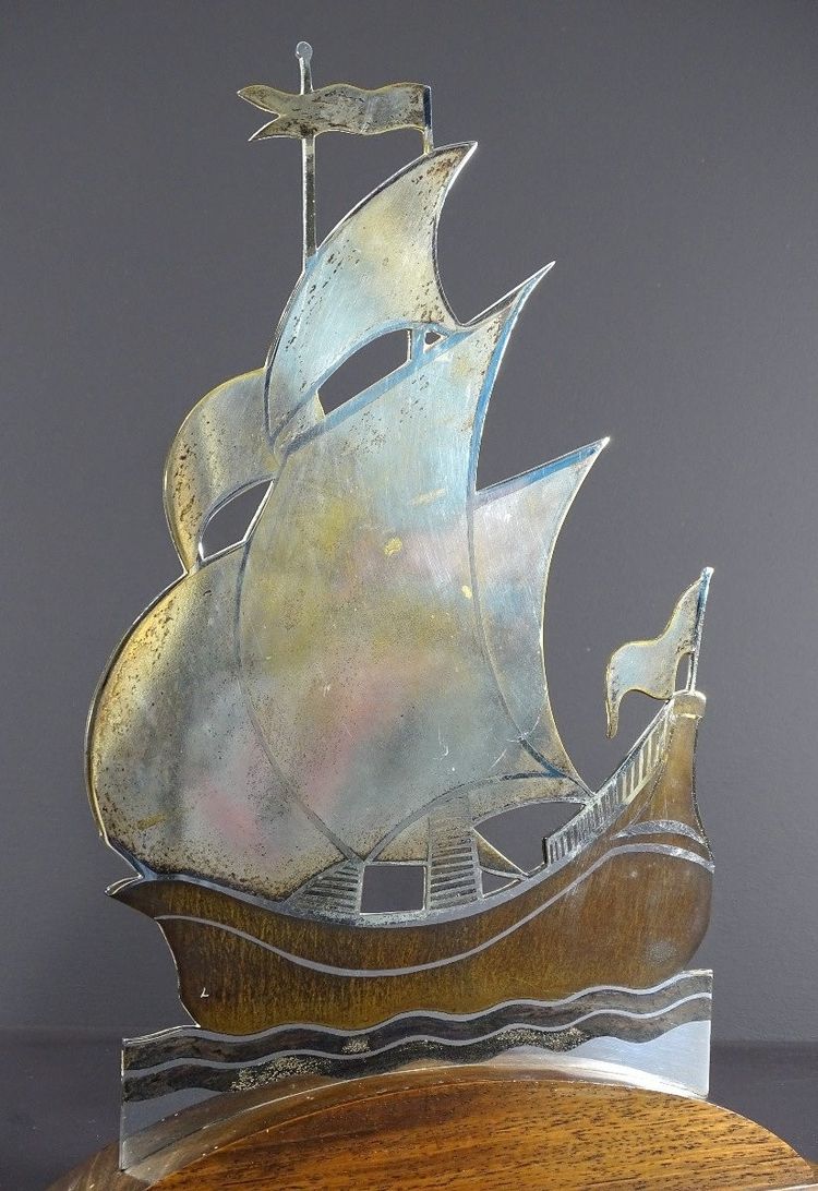 Alain Gerfaux, 1930s, Sailboat in Silver-Plated Copperware on a Wooden Base.