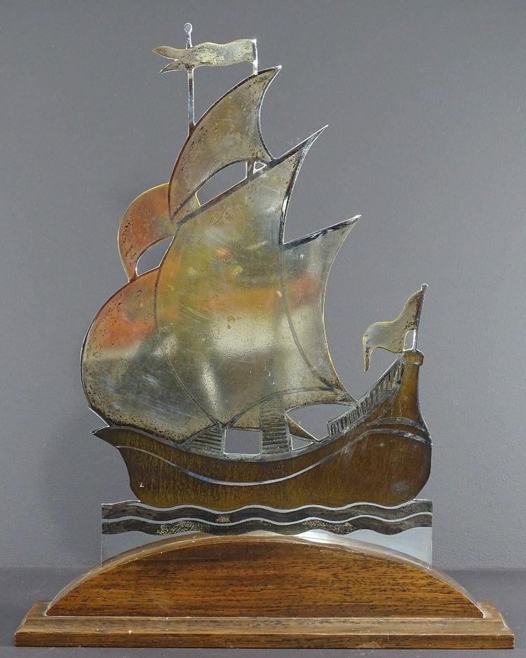 Alain Gerfaux, 1930s, Sailboat in Silver-Plated Copperware on a Wooden Base.