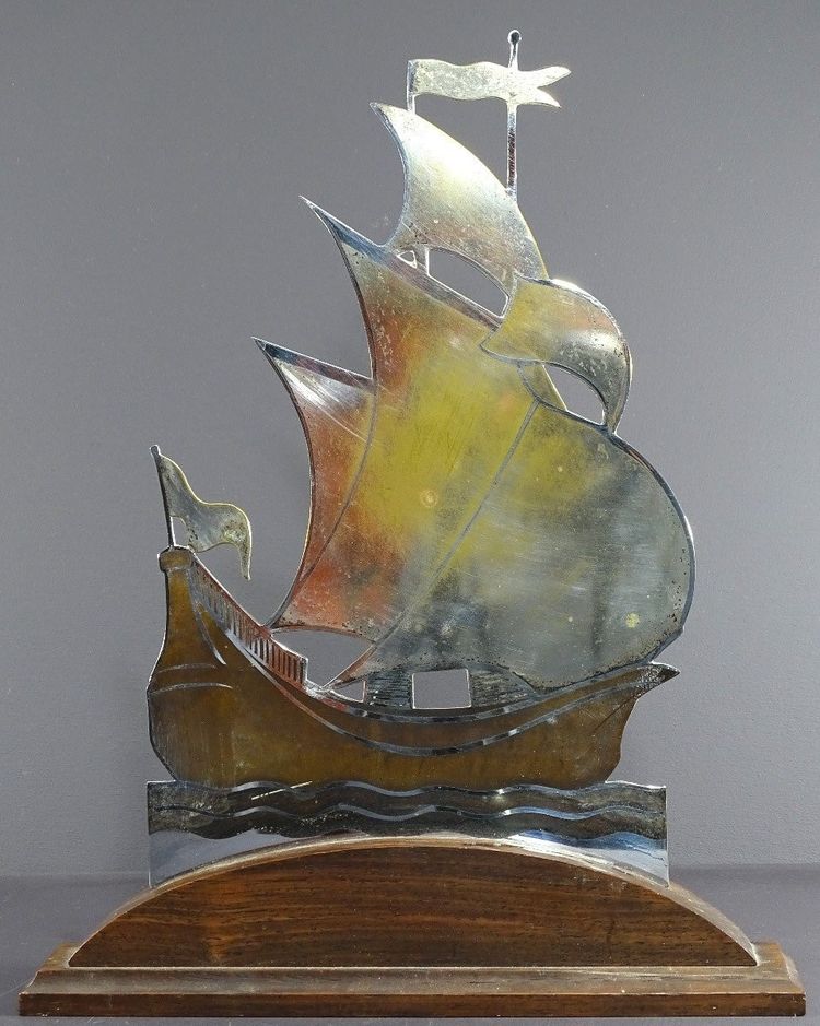 Alain Gerfaux, 1930s, Sailboat in Silver-Plated Copperware on a Wooden Base.