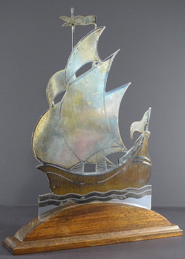 Alain Gerfaux, 1930s, Sailboat in Silver-Plated Copperware on a Wooden Base.