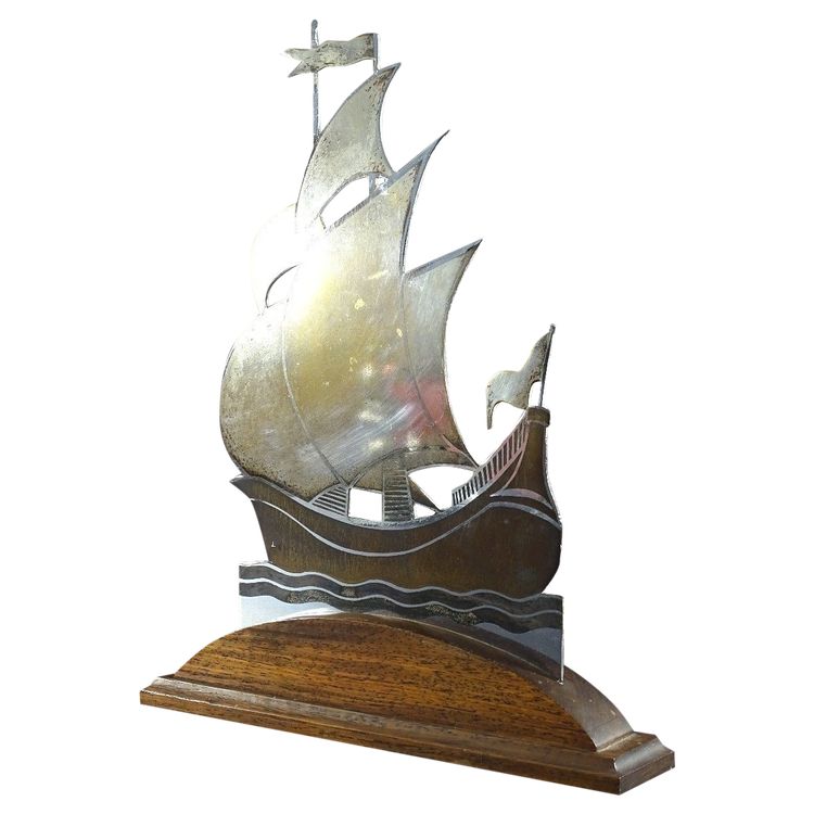 Alain Gerfaux, 1930s, Sailboat in Silver-Plated Copperware on a Wooden Base.