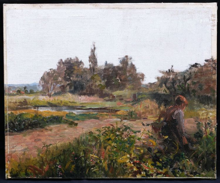 Alfred Louis MARTIN, Giovane ragazzo con falce in un paesaggio di campagna