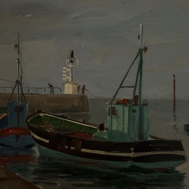 Oil on cardboard 20th century by Florent Sichet trawlers fishing boats