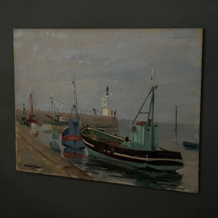 Oil on cardboard 20th century by Florent Sichet trawlers fishing boats