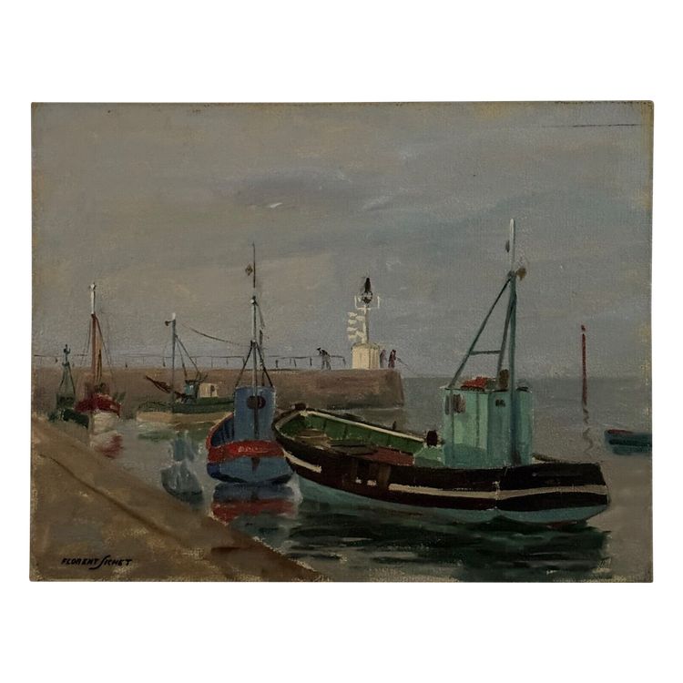 Oil on cardboard 20th century by Florent Sichet trawlers fishing boats