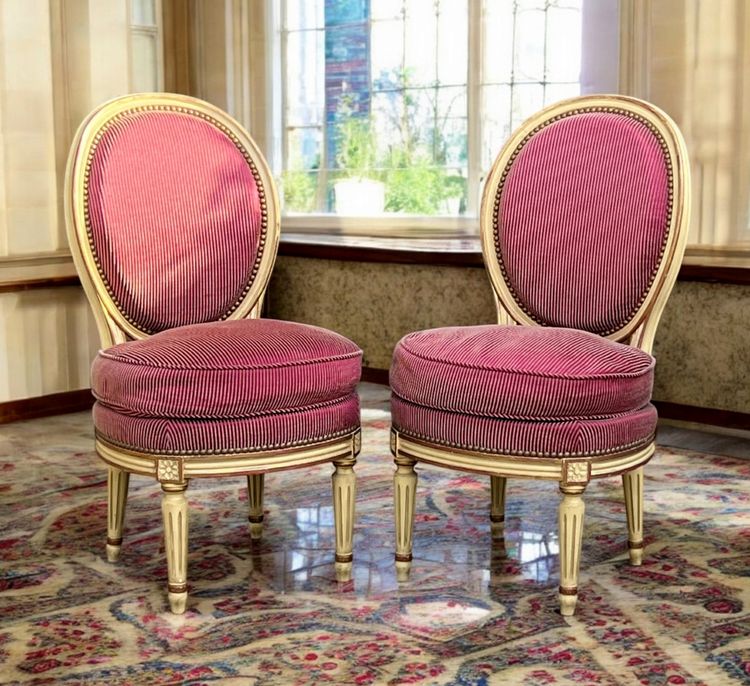 PAIR OF ANTIQUE LOUIS XVI STYLE LOUNGE CHAUFFEUSES WELL UPHOLSTERED WITH FABRIC