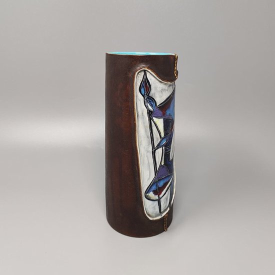 1950 Magnificent Ceramic Vase Marcello Fantoni Wrapped in Leather. Made in Italy