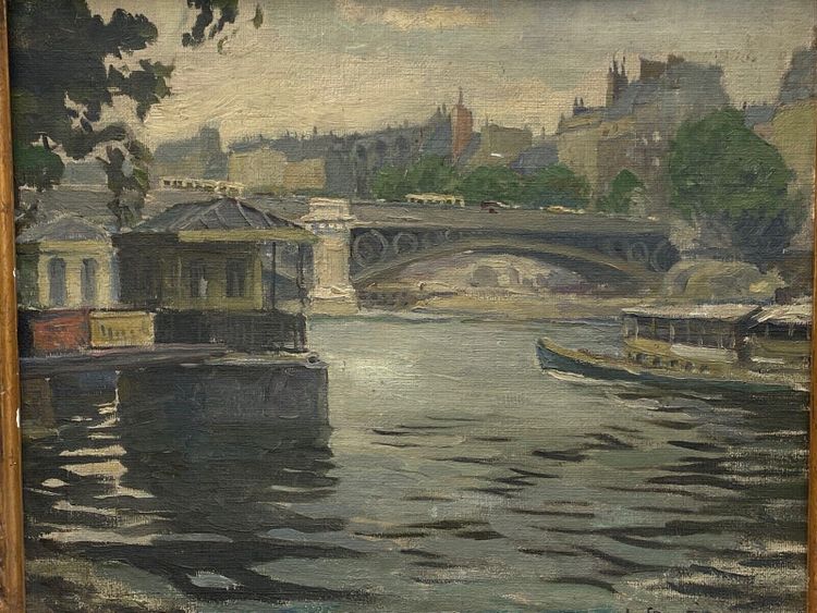 Huile sur toile Paris péniches par Louis P. Szanto 1900