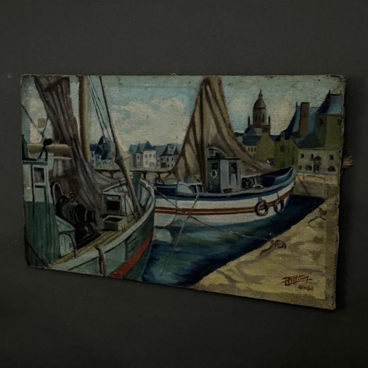 Huile sur toile bateaux de pêche à quai 1956