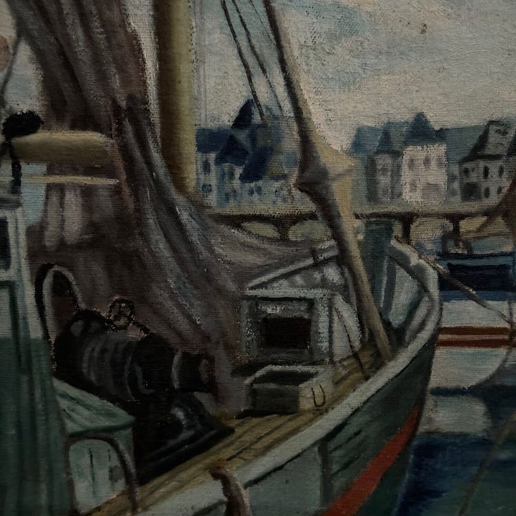 Huile sur toile bateaux de pêche à quai 1956