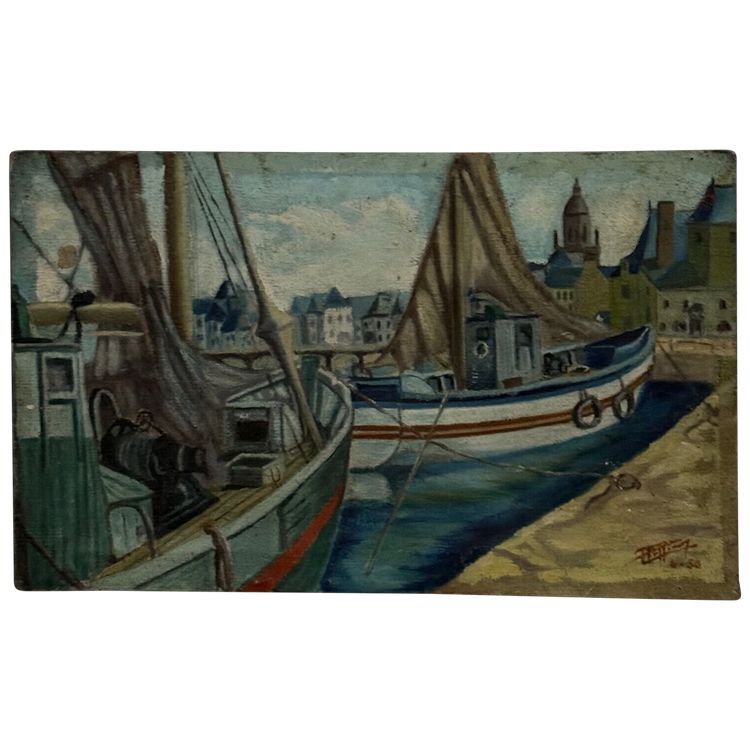 Huile sur toile bateaux de pêche à quai 1956