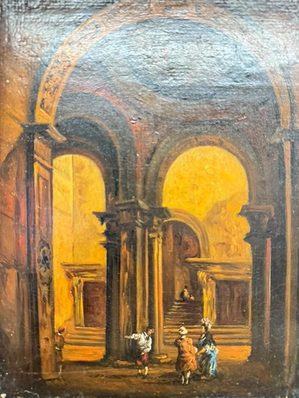 Antico dipinto olio su tavola, architettura interno 1850. Grande qualità 28x22 cm