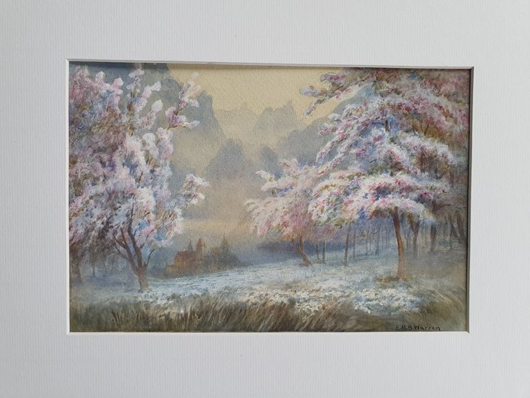 Watercolour of Cherry Trees in Blossom after E M B Warren