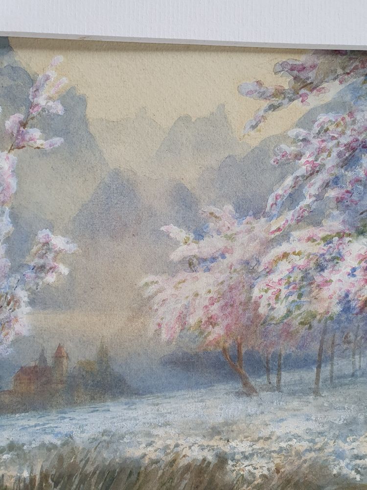 Watercolour of Cherry Trees in Blossom after E M B Warren