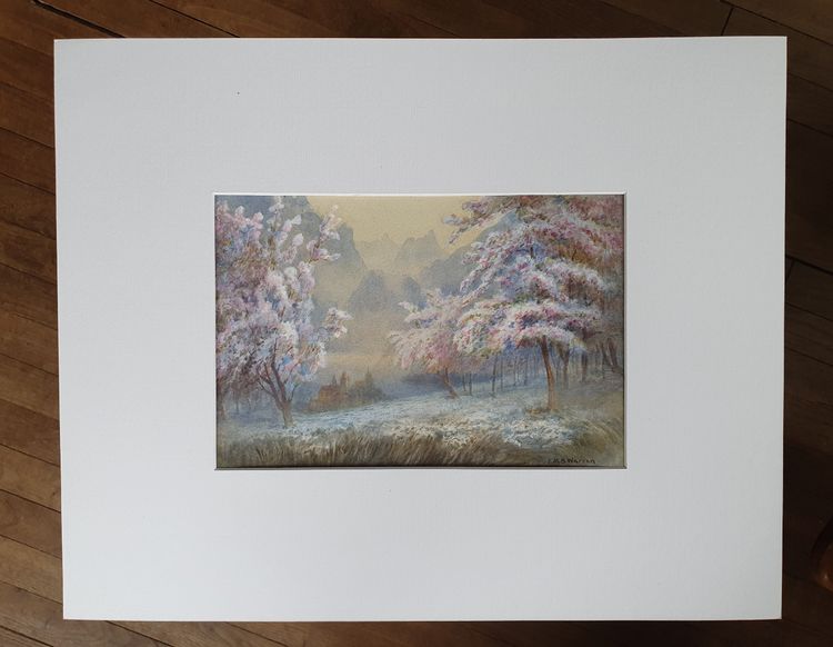 Watercolour of Cherry Trees in Blossom after E M B Warren