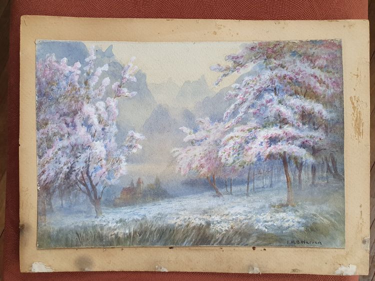 Aquarelle de cerisiers en fleurs d'après E. M. B. Warren