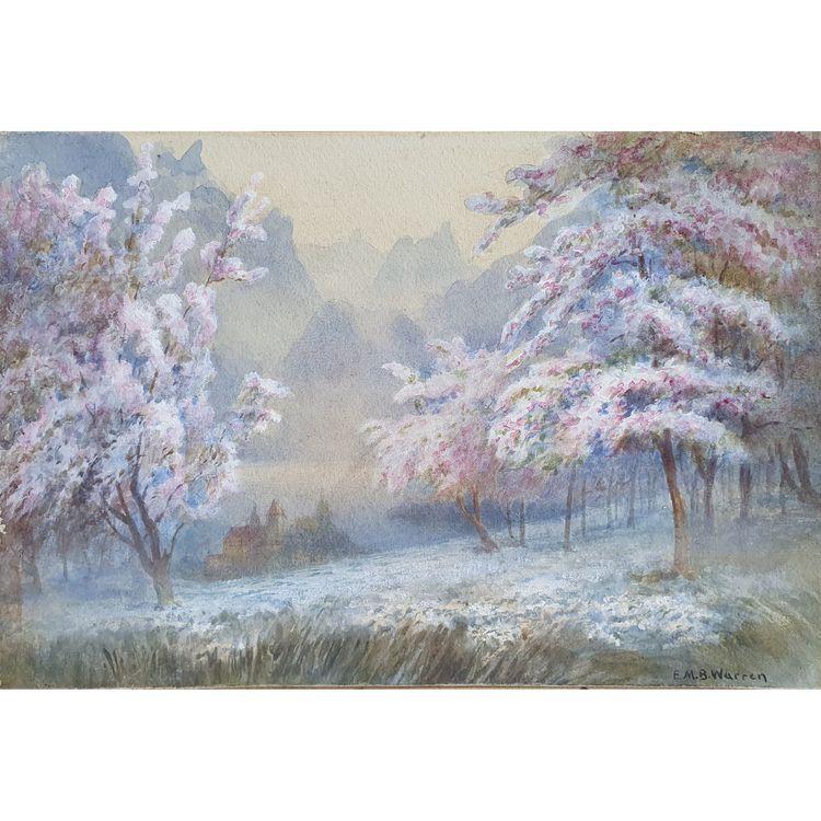 Watercolour of Cherry Trees in Blossom after E M B Warren