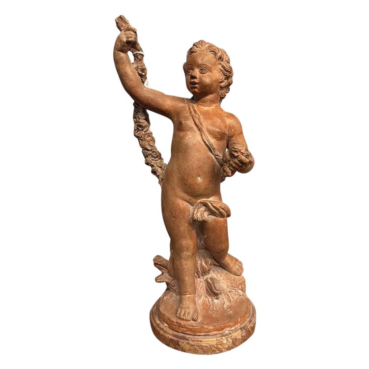 Sculpture ancienne d'un chérubin en fête en terre cuite, fin du XVIIIe siècle, France, h35 cm