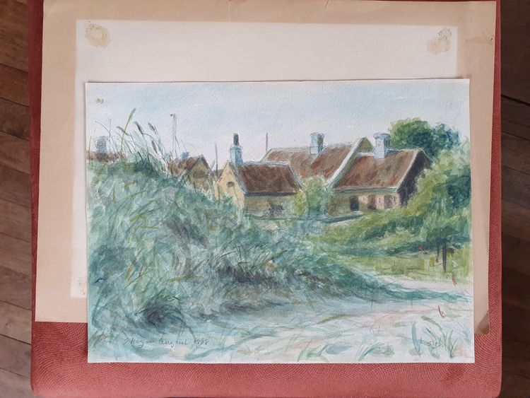 Croquis aquarelle de Skagen, Danemark signé SD pour Svend Danelund