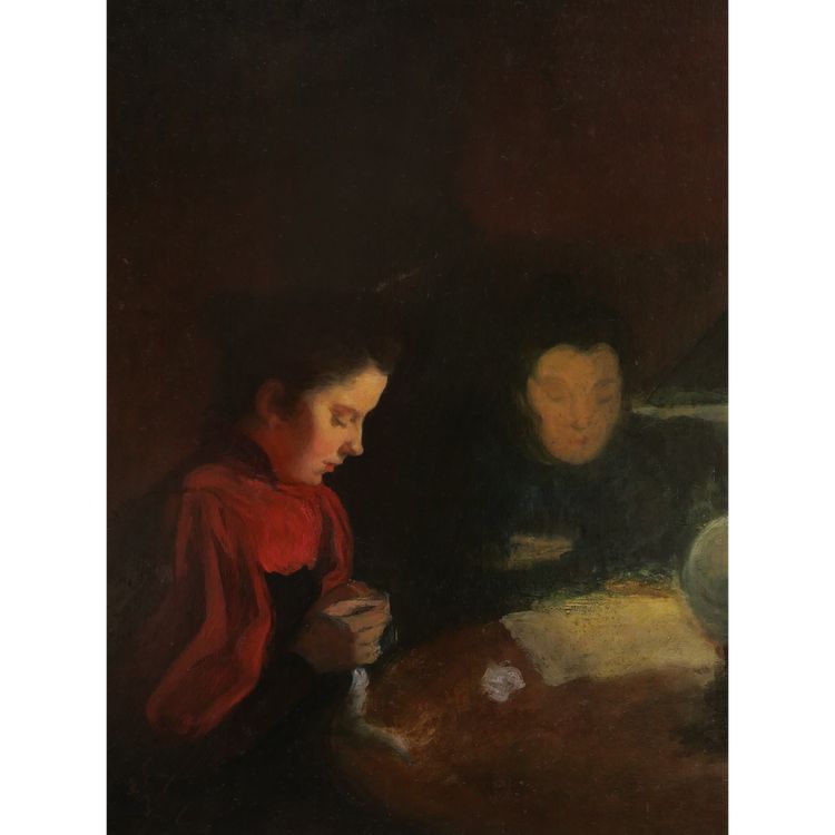 French School, Late 19th Century Two Women Reading And Sewing By Lamplight