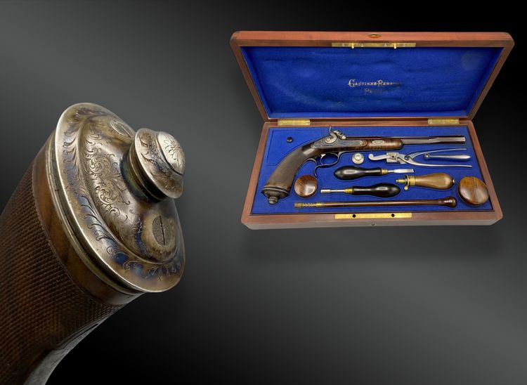 Coffret nécessaire contenant un pistolet GASTINNE RENETTE système GHAYE. France, Saint-Etienne, 1886