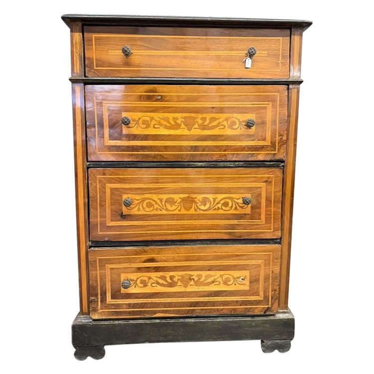 Antique chest of drawers with 4 drawers from the 1900s in inlaid walnut, size 111x73x43