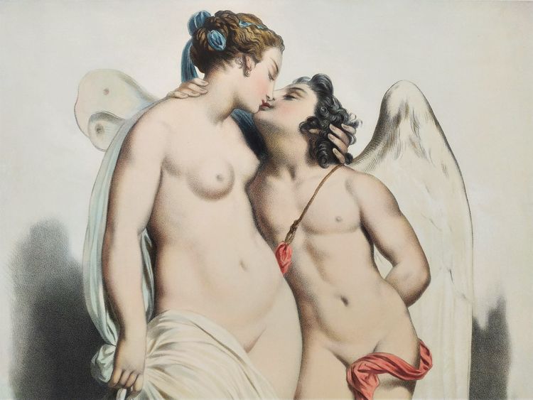 Amore e Psiche da Achille Devéria Antica litografia acquerellata da Emile Lassalle XIX secolo