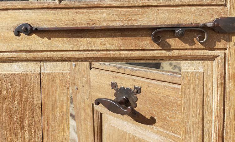 Antique 18th Century 4-Panel Glass Door in Oak and Ironwork