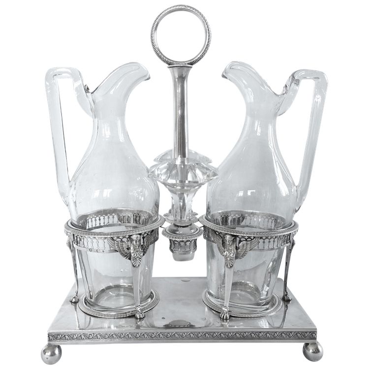 Oil and vinegar cruet with sphinxes in solid silver, hallmark 1st Coq, Consulat Empire period