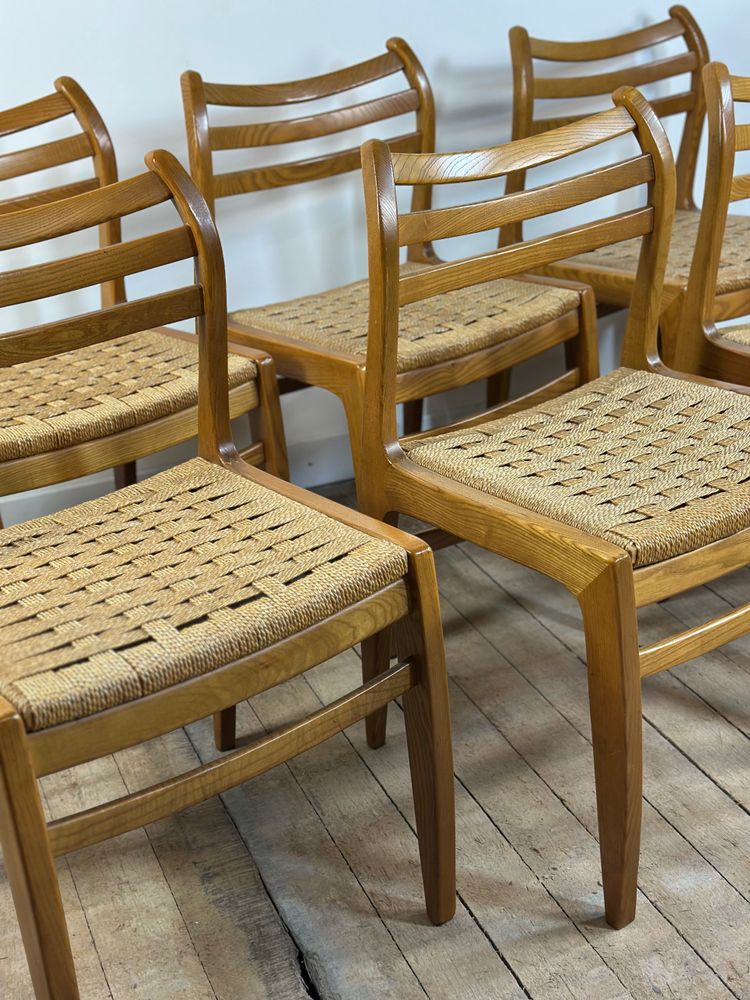 Danish chairs (set of 6) in blond teak and rope 1970's