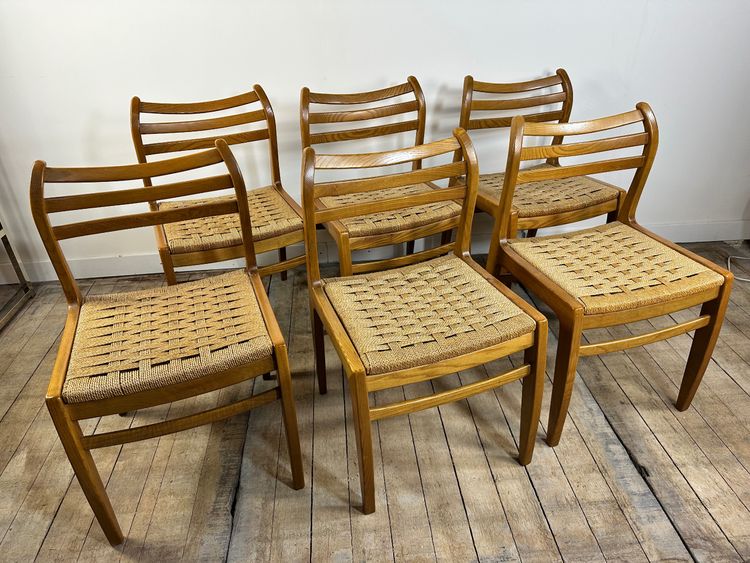 Danish chairs (set of 6) in blond teak and rope 1970's